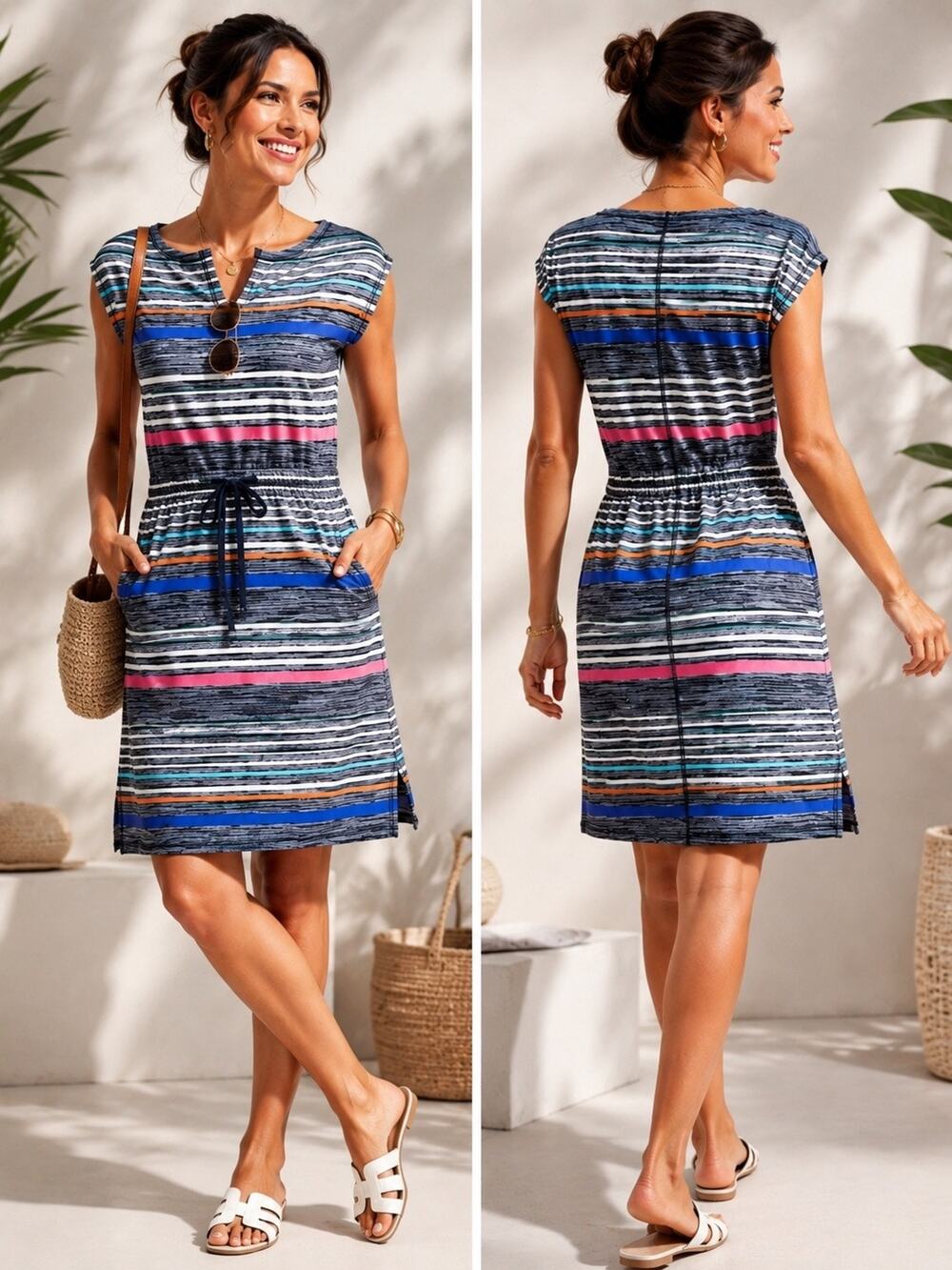 T by Talbots Striped Drawstring Shift Dress Cotton Small Pockets